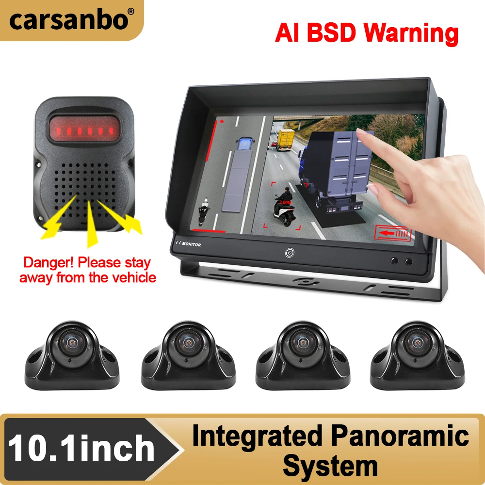 Carsanbo 10.1 Inch IPS Touch Screen 360° Panoramic Car Camera System AI BSD Blind Spot Warning 4CH 1080P AHD IP68 DVR Recorder