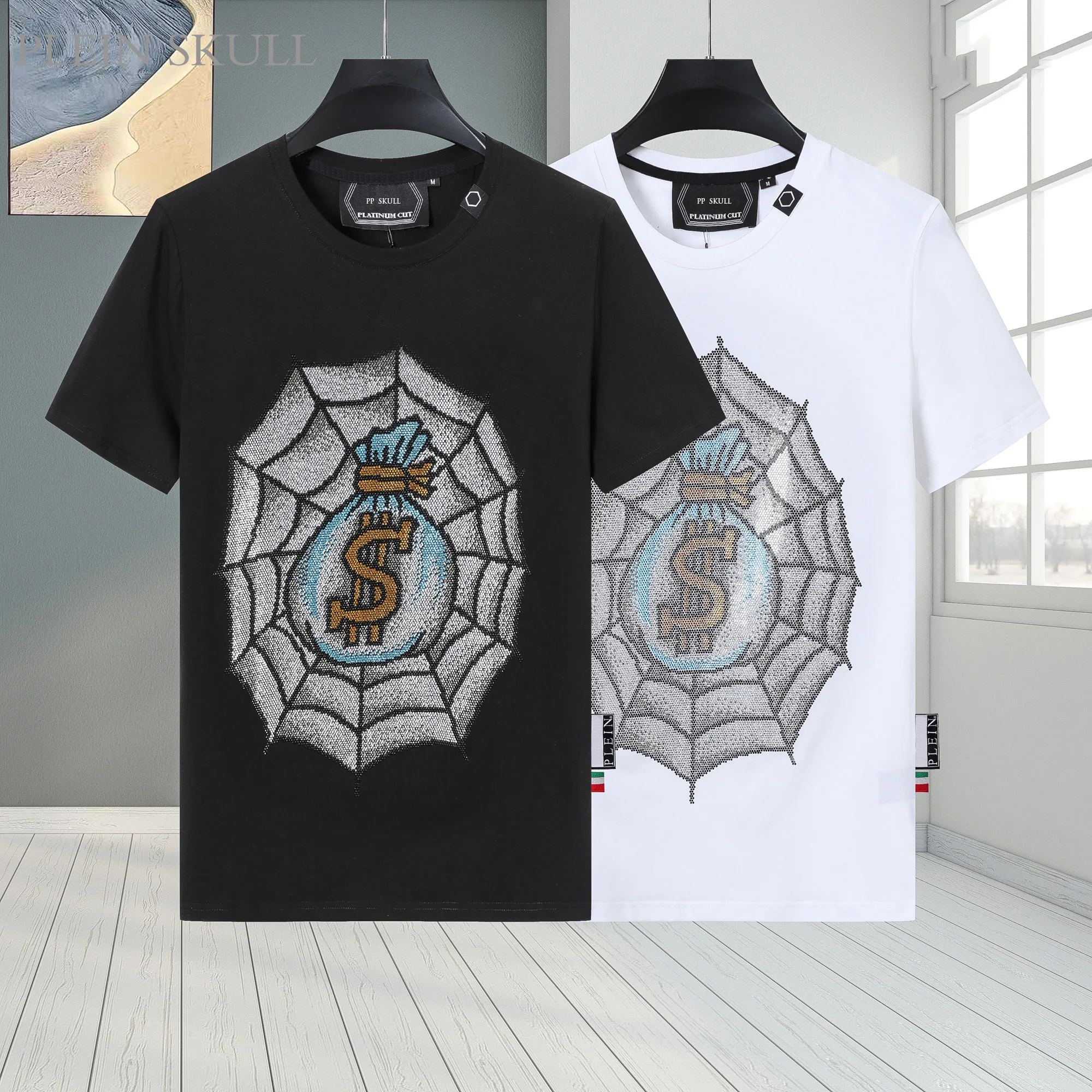 Мужская летняя дышащая футболка PLEIN SKULL с круглым вырезом, коротким рукавом, модная, с стразами, в стиле панк, для вечеринок, унисекс, для активного отдыха и спорта