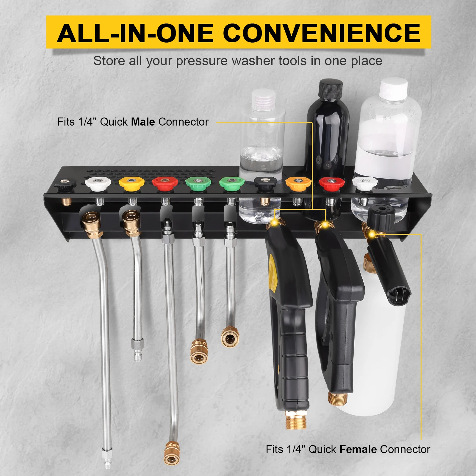 

Pressure Washer Gun & Foam Cannon Holder with 1/4 Inch Quick Connector, Wall-Mounted Nozzle Tip & Extension Wand Organizer