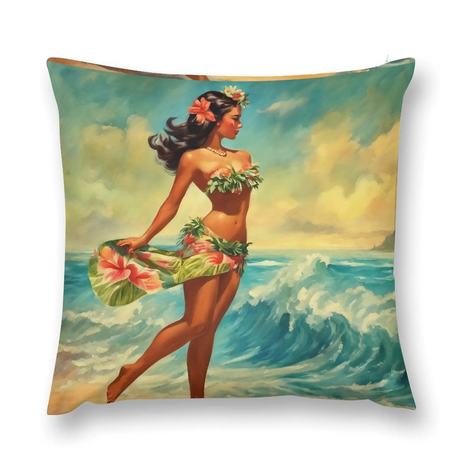 

A Painting Of A Woman In A Hula Skirt On The Beach Throw Pillow luxury sofa pillows Cushions Cover pillow