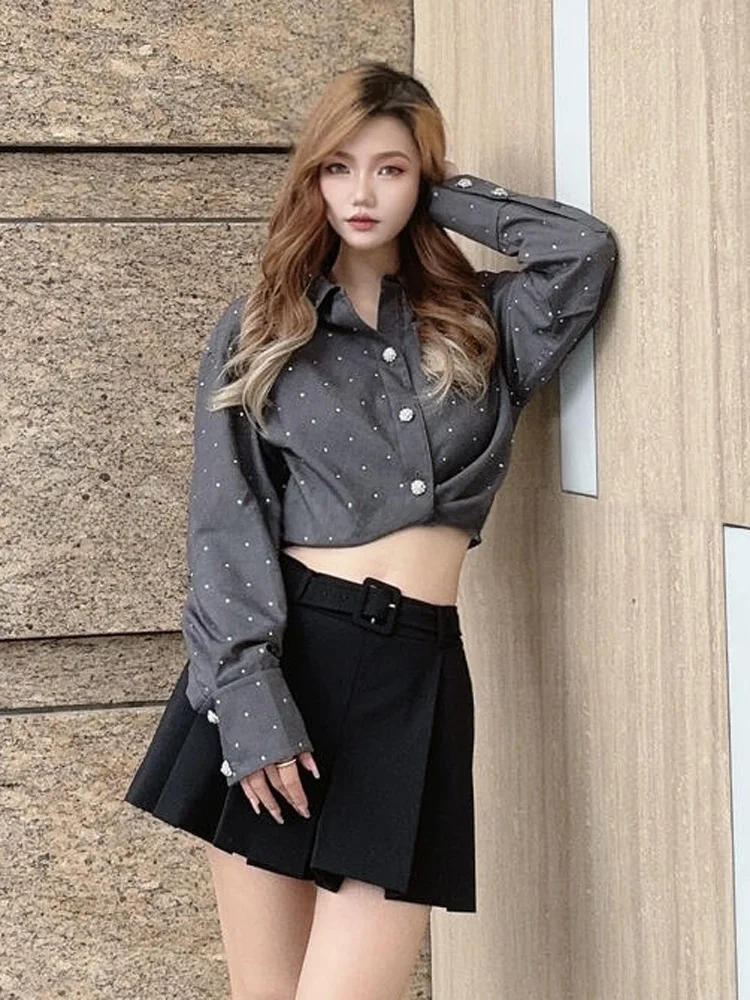 

Повседневный шикарный ort Svel Diamond Embellied irt с высокой талией для поездок на работу, полиэстер, хлопок, женский топ китайского бренда