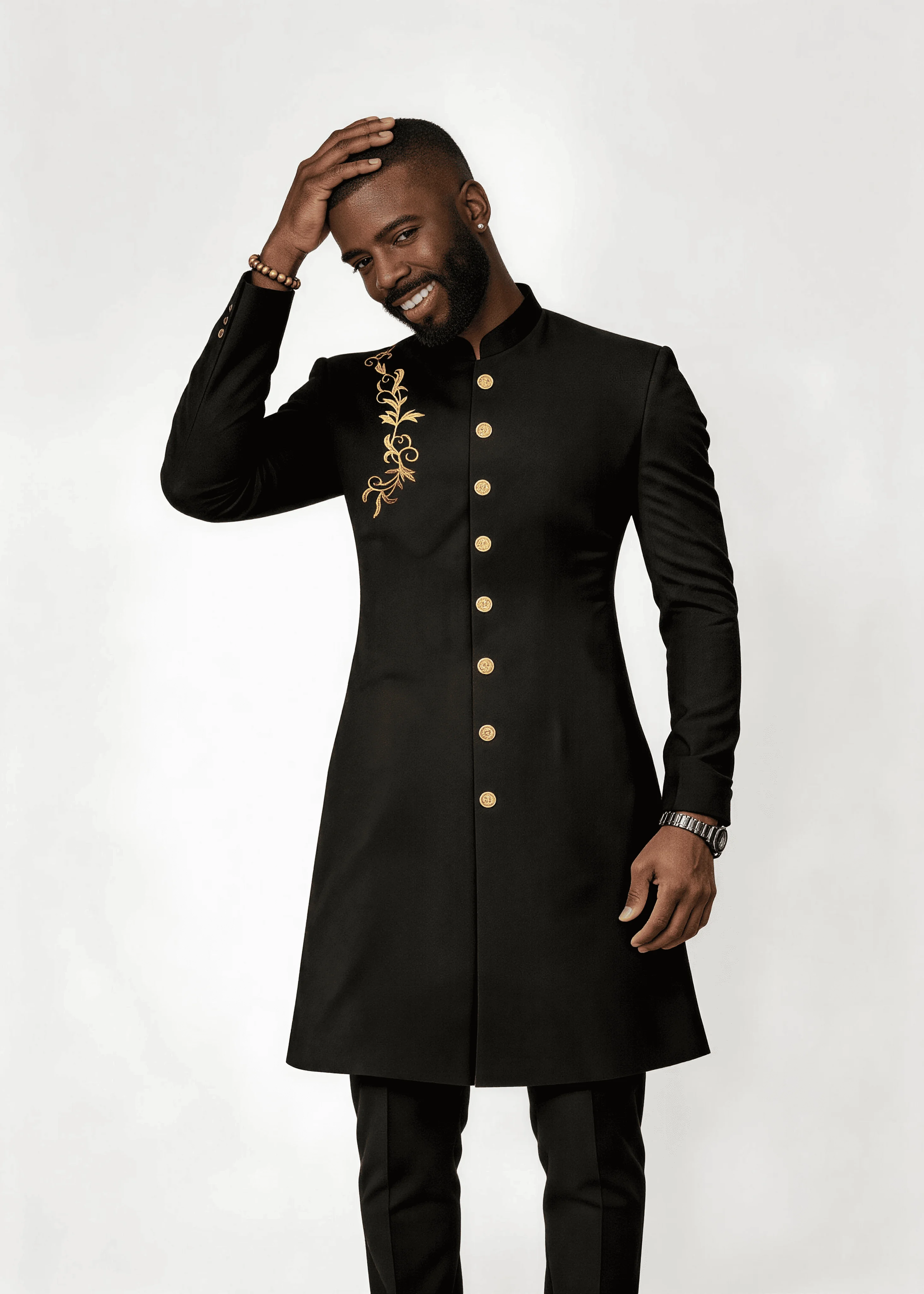 Men’s Solid Black Gold Vine Floral Embroidery Formal Wear Set Stand Collar 2 Piece Wedding Groom Tunic Jacket & Pants Prom Homec