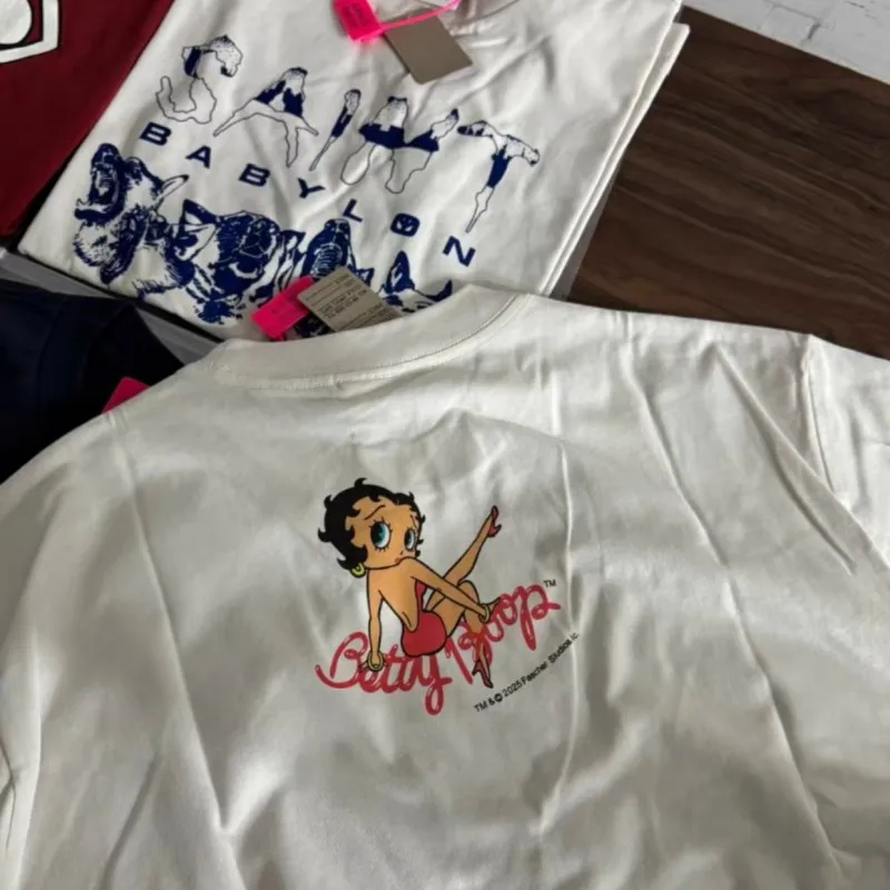 Summer Men Women Street Outfit Saint Tshirts Cartoon Print Red Lips Washed White Breathable Cotton Round Neck Short Sleeve Tops