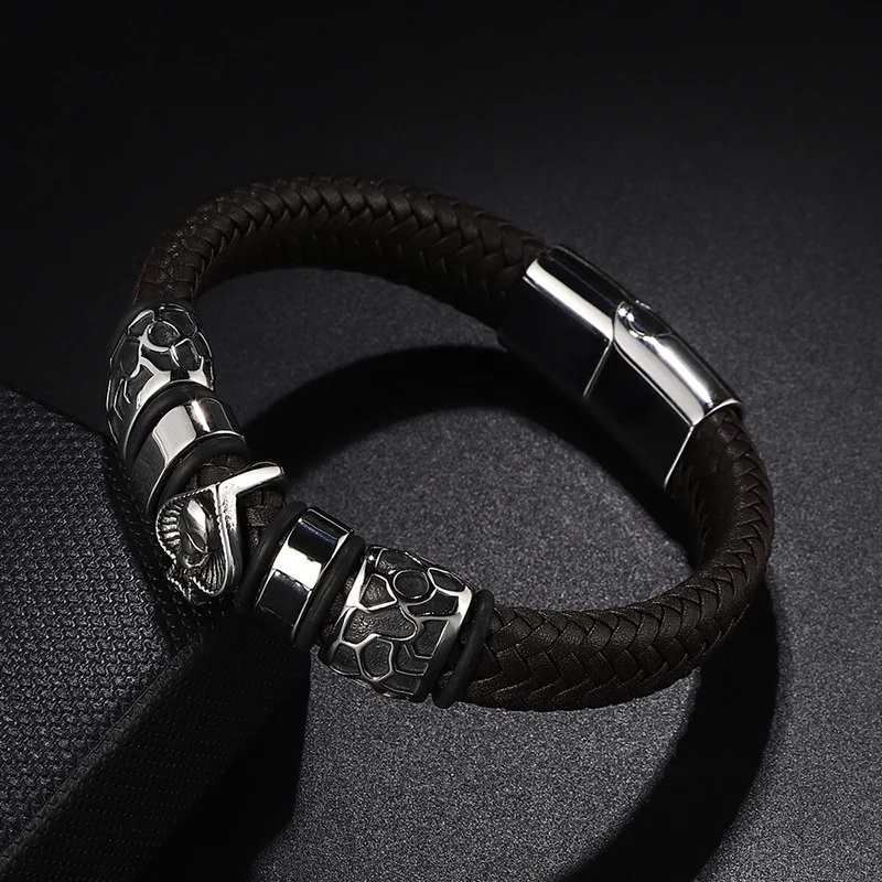 Europe and America Braided Leather 316l Stainless Steel Charm Male Bracelets Spades Skull Head Bangle Punk Wristband Men Jewelry