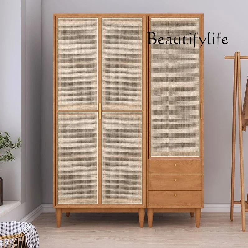 Nordic simple modern wardrobe solid wood wardrobe rattan double door combination finished wardrobe free installation