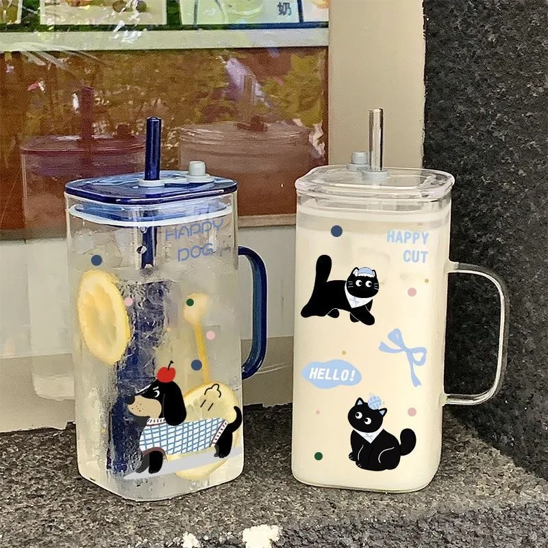 Home Glass ins high-looking and high-temperature-resistant household square milk cup with handle straw cup for office girls