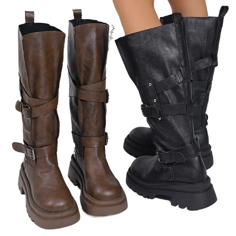 

Vintage Thick Bottom Woman Knee High Boots Fashion Belt Buckle Zippers Shoes Female Knight Long Booties Shoes
