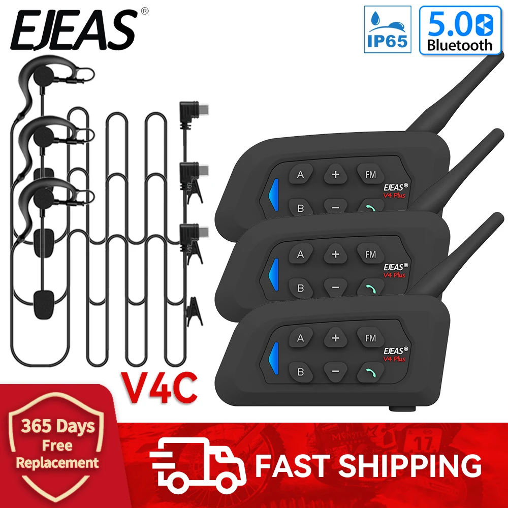 3PCS EJEAS V4C PLUS Football Referee Intercom Headset Intercom Soccer Best Bluetooth Headset for 4 Users Full Duplex Microphone