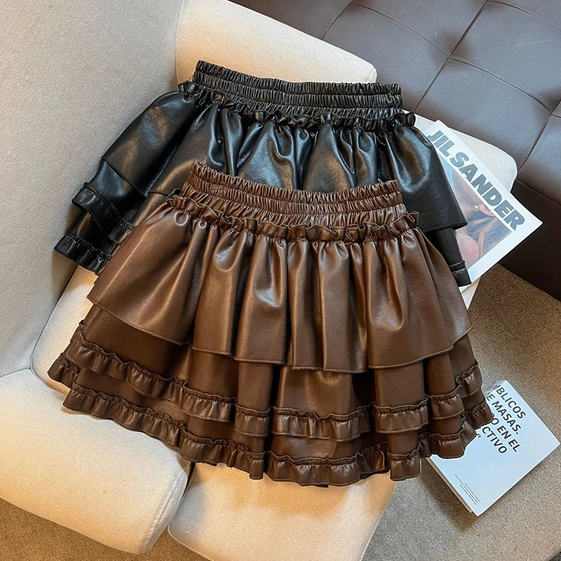 

American Vintage Mini Skirt Women Y2K Streetwear High Waist Pu Leather Cake Skirts Autumn Sweet Harajuku Solid Ball Gown Skirt