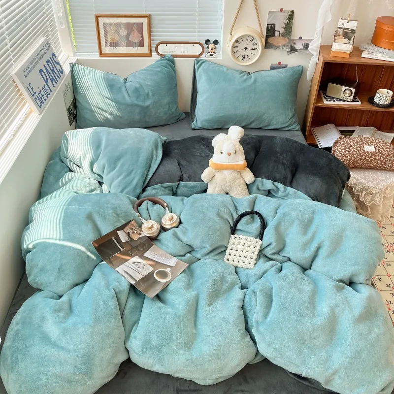 

2025 new solid color thickened milk fleece bed sheet four-piece set color matching winter coral fleece student dormitory