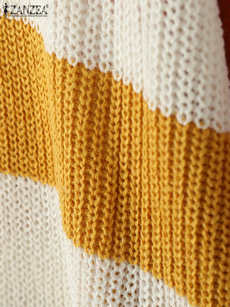 ZANZEA เสื้อสเวตเตอร์ถักผู้หญิง เสื้อคาร์ดิแกนยาวลายทาง เสื้อสเวตเตอร์แฟชั่นแขนยาว เสื้อคลุมลำลองสำหรับฤดูใบไม้ร่วงและฤดูหนาว เสื้อถัก