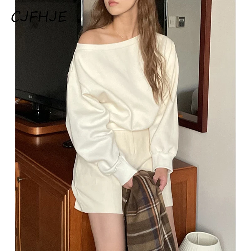 CJFHJE Streetwear Cropped Sweatshirt Women Y2K Sexy Off Shoulder Pullovers Korean Solid Casual All Match Hoodies Tops Spring