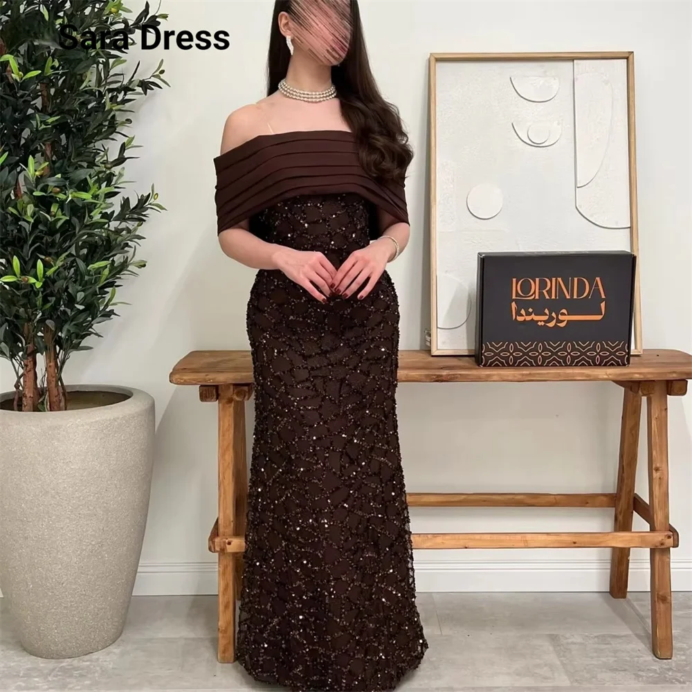 

Sara Custom Fishtail Off-shoulder Brown Floor-length Evening Dresses Woman Elegant and Formal Women's Dresses for Luxury Party