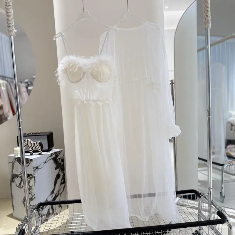 Fee Hochzeit Robe Set Braut Morgen Morgen Morgenmantel Sexy Mesh Perspektive Robe Anzug 2Pcs Spaghetti Strap Pyjamas Dessous