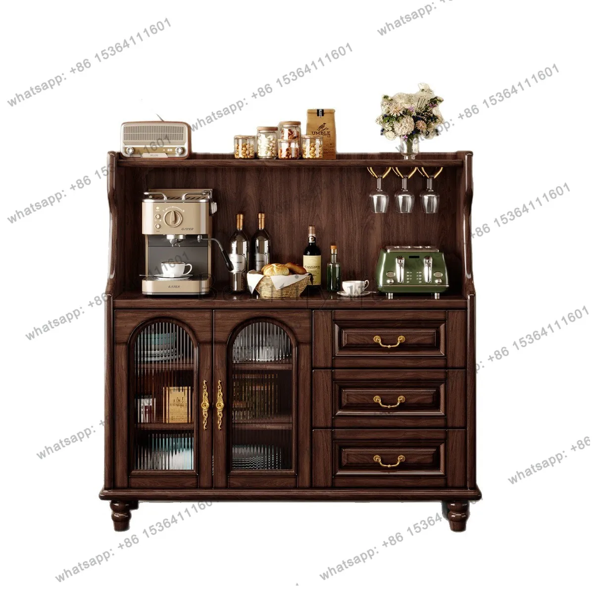 

Medieval style solid wood dining side cabinet restaurant glass door black walnut cabinet small apartment