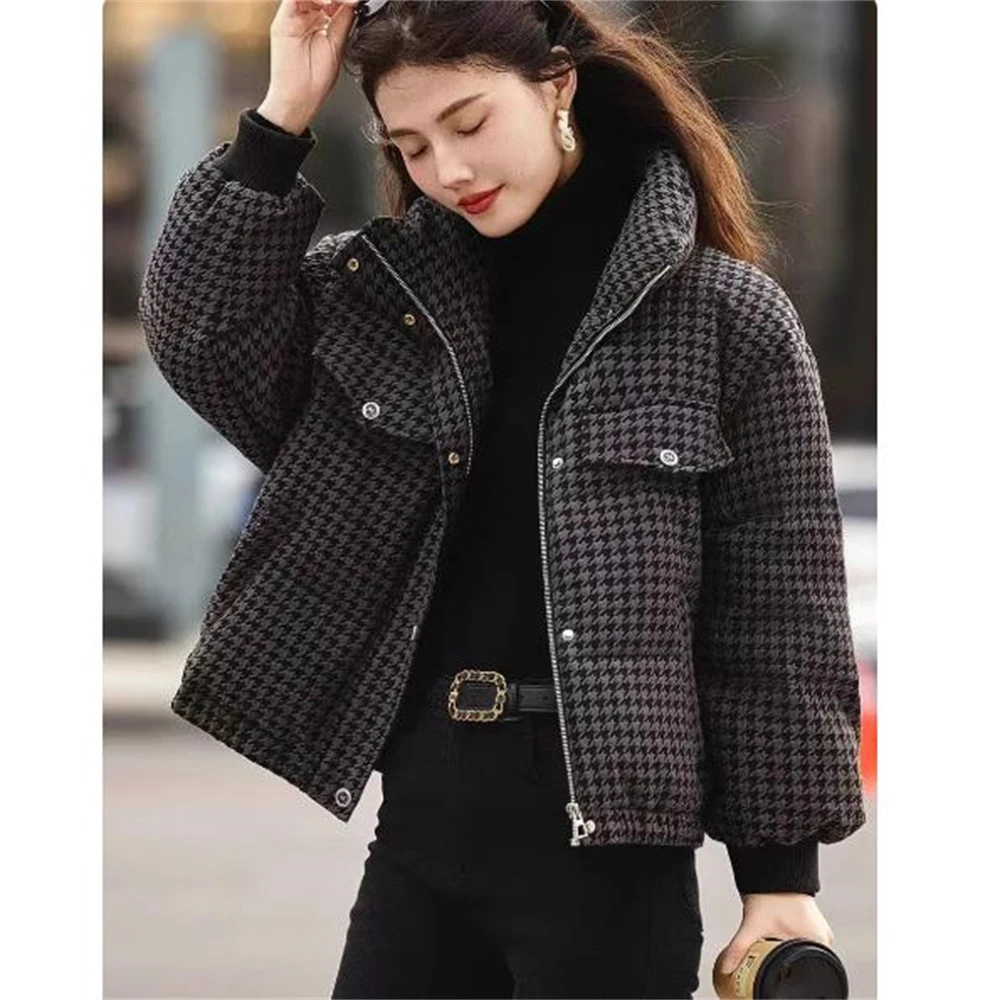 Chaqueta acolchada con capucha de pata de gallo para mujer, chaqueta gruesa a prueba de viento para invierno, Parka cálida Vintage, chaquetas de abrigo