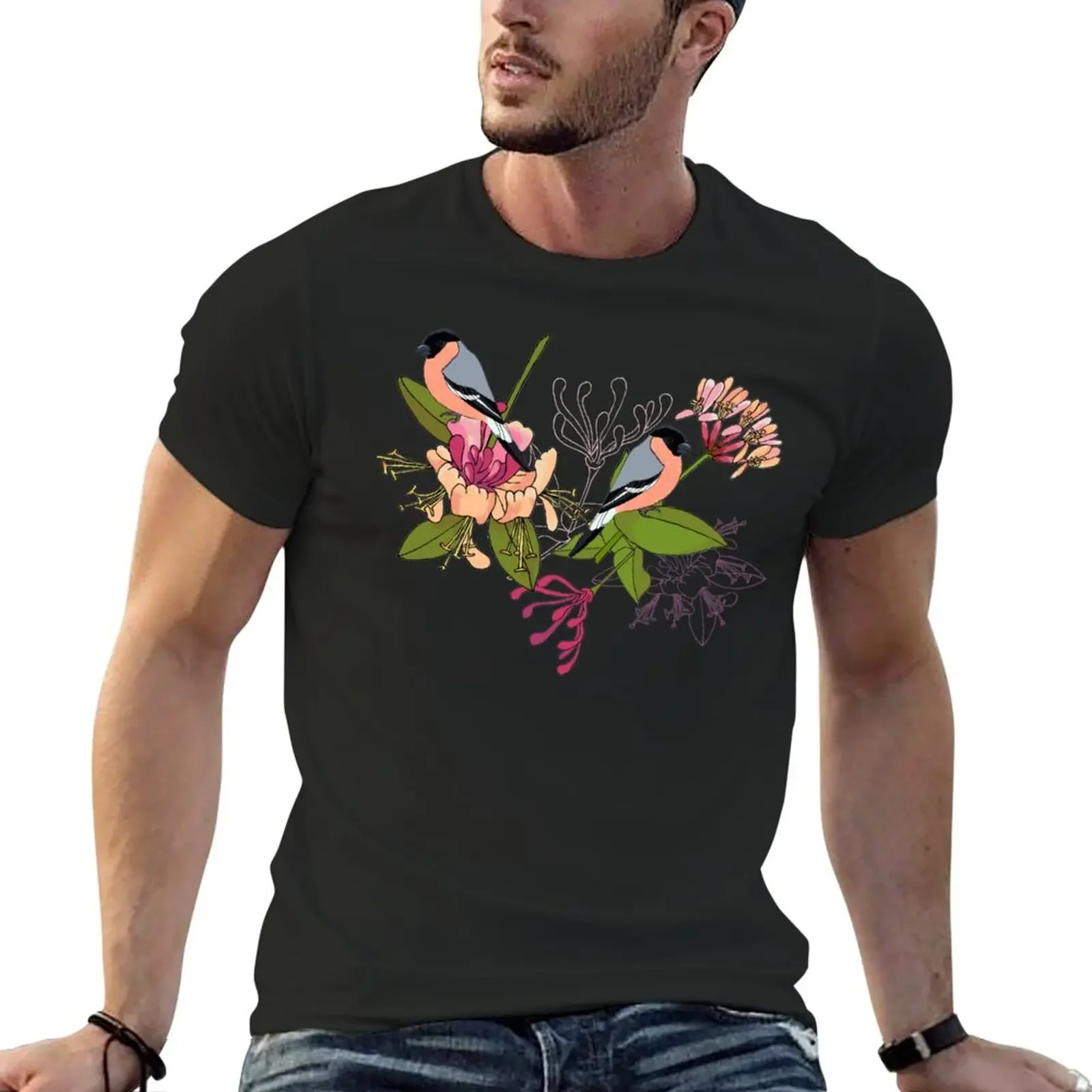 Bullfinch honey, a pretty layered pattern featuring the Bullfinch and honeysuckle T-Shirt boys animal print mens t shirt graphic