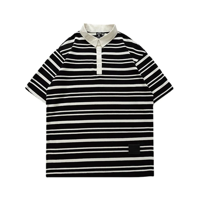 High-Quality Polo Shirt Vintage Striped Oversized Men\'s Women\'s Black WhiteT-shirt 2023 Summer New Pure Cotton Short Sleeve Tops