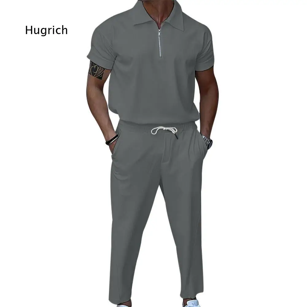 Collared Half Zip Short Sleeve Shirt And Drawstring Waist Pants Two Piece Set For Men Suitable For Travel Home And Daily Outfits