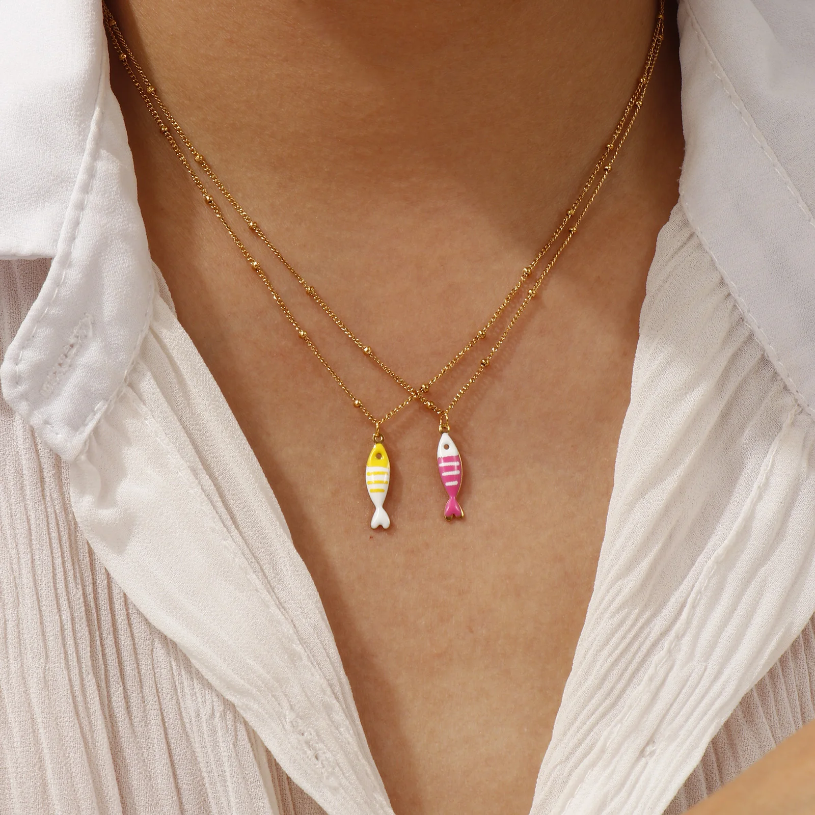 Collier à breloques avec pendentif poisson en émail Double face en acier inoxydable 304, chaîne à maillons plaquée or 18 carats pour femmes, bijoux océan, cadeau