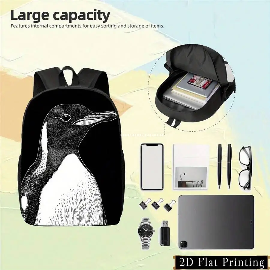 

Black And White Penguin Print Backpack Large Capacity Multi Compartment Zipper Closure Unisex