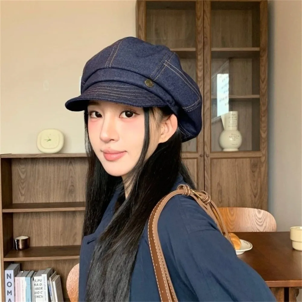 

Fashion Korean Denim Beret Versatile Spring Autumn Octagonal Hats Newsboy Casual Painter Hat Streetwear