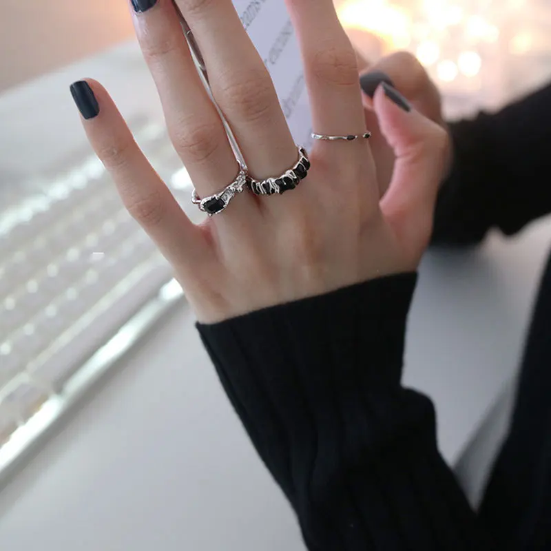 New Fashion Silver Color Open Finger Ring Geometric Black Stone Punk Stackable For Women Girl Jewelry Gift Dropship Wholesale image 5