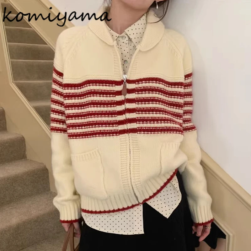 Laple Neck Zipper 2024 Woman Cardigan Contrast Stripe Outerwears Long Sleeve Ropa Mujer Fashion Cardigans Pockets Sweater