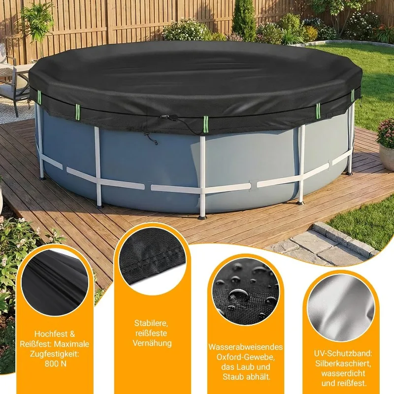 2026 Upgrade Poolabdeckung Rund 366 cm - Mit Reflektorstreifen und einem Gewichtsband & 210D Oxford |   Ganzjahresplane für Sommer und Winter (Schwarz, 366 cm)