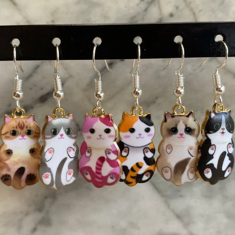 Cute Cartoon Printed Cat Drop Earrings Kawaii 6 Colors Metal Cat Pendant Handmade Animal Jewelry Earrings Gift for Cat Lovers