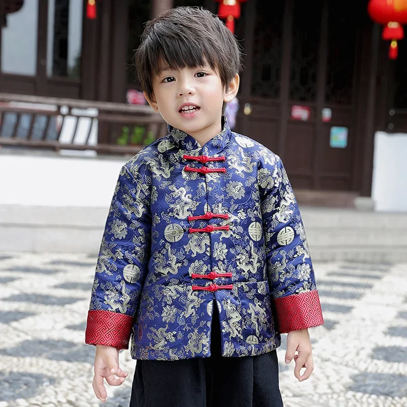 Chinese Traditional Clothing for Kids New Year Baby Boy Festival Retro Fancy Golden Dragon Tang Suit Printed Satin Top Pants Set