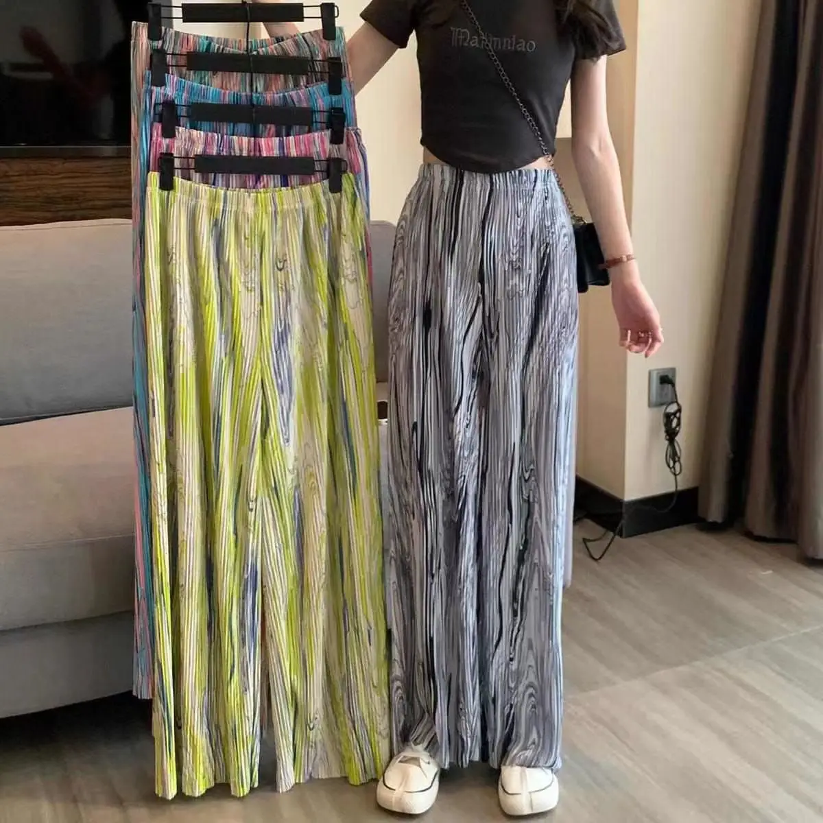 

Women's Pants Ice Silk Tie Dye High Elastic Waist Wide Leg Long Straight Trouser Fashion Casual Versatile Vintage 2024 New