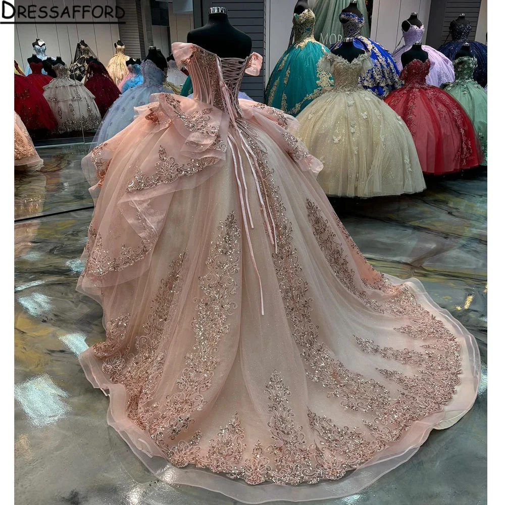 Роскошные изысканные розовые платья принцессы Quinceanera блестящие 3D цветочные с длинным рукавом и открытыми плечами vestido 15 quinceañeras