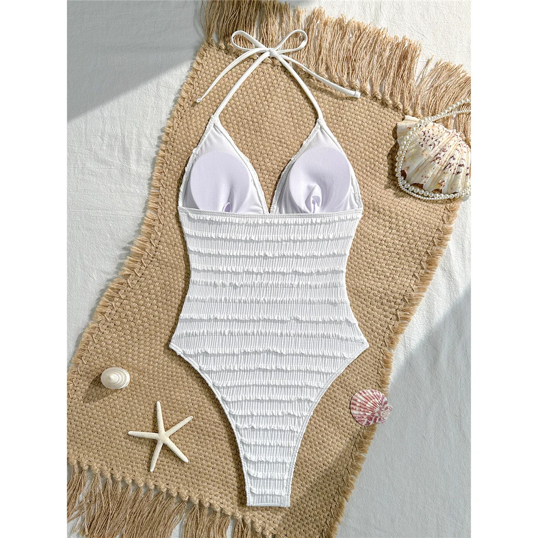 Neuer einteiliger Badeanzug mit V-Ausschnitt und Neckholder, bedruckt mit Seesternmotiv, Damen-Badebekleidung, Damen-Badeanzug mit gerafftem, hoch geschnittenem Beinausschnitt, Badeanzug, Modell V8431. – Detail 6