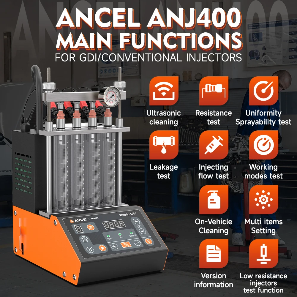 ANCEL ANJ400 GDI Fuel Injector Cleaner & Tester Auto Ultrasonic Injector Cleaning Machine 4 Cylinders EFI FEI Cleaner Test