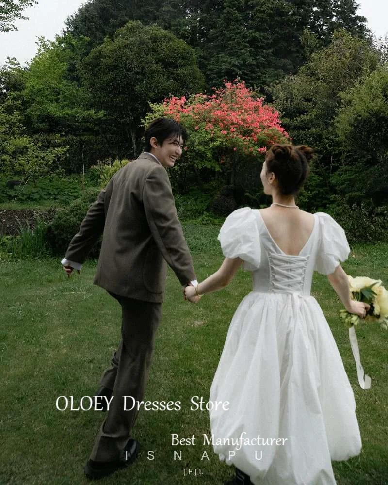 OLOEY-Mini vestidos de novia de tafetán cortos, Simple, sesión de fotos de Corea, cuello cuadrado, mangas cortas, vestidos de novia de campo, fiesta Formal