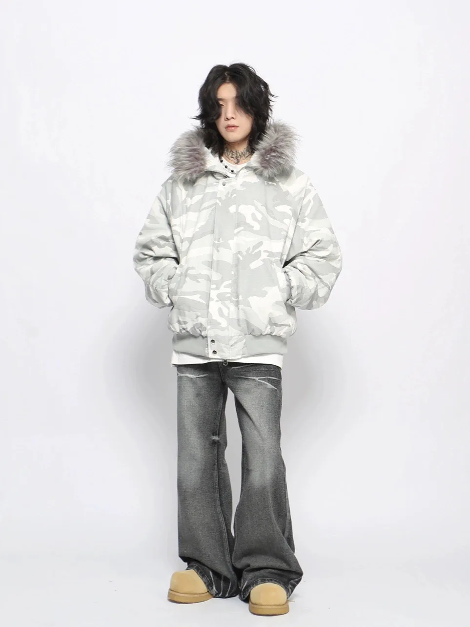 2025 New American Street Style Camouflage Fur Collar Hooded Jacket Cotton Fashion Trend High-end Loose Cotton Coat for Men