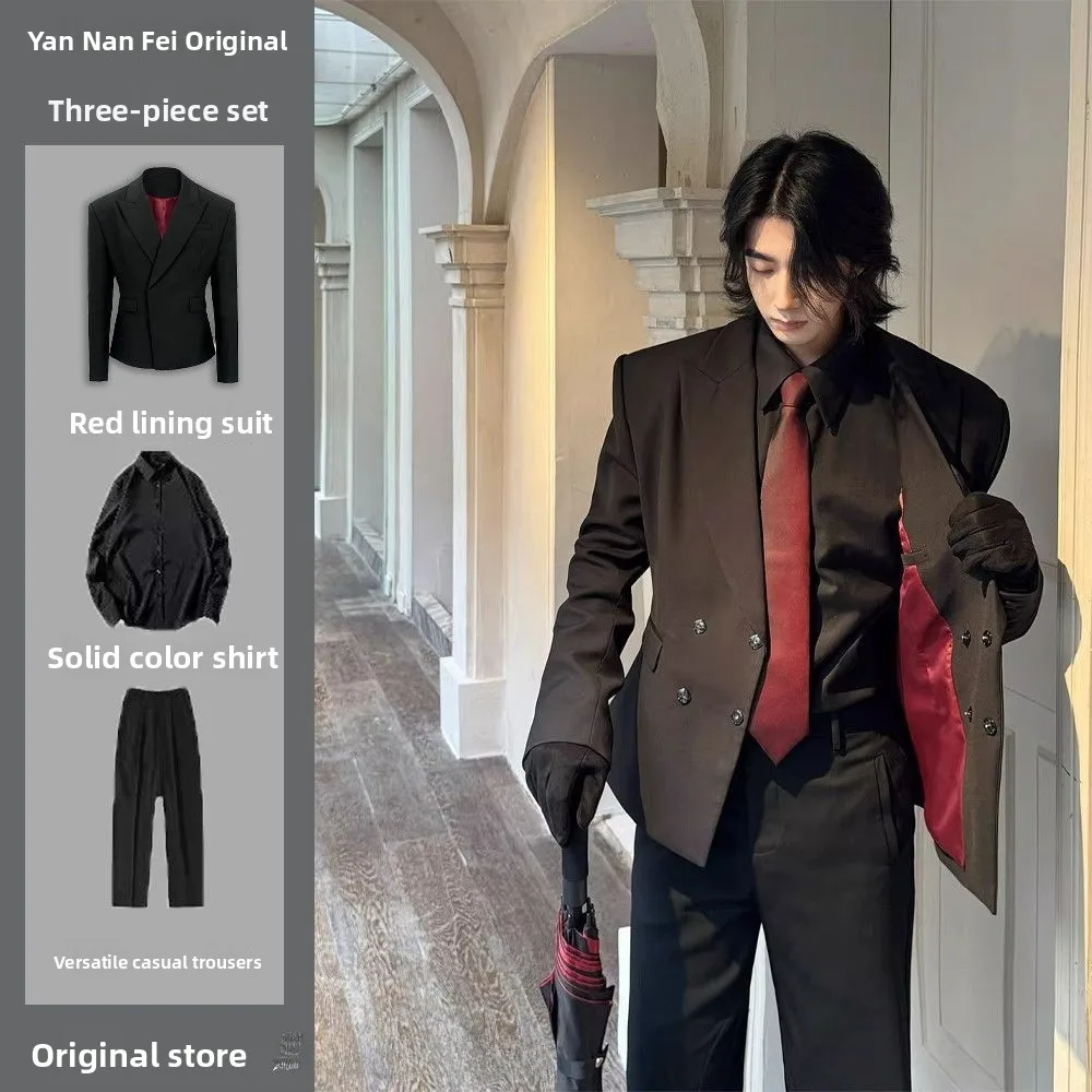 

Elegant Red Suit Jacket Shoulder Pad Double Row Buttons Wedding Host Formal Wear Standard Fit Polyester Fiber Spring Autumn