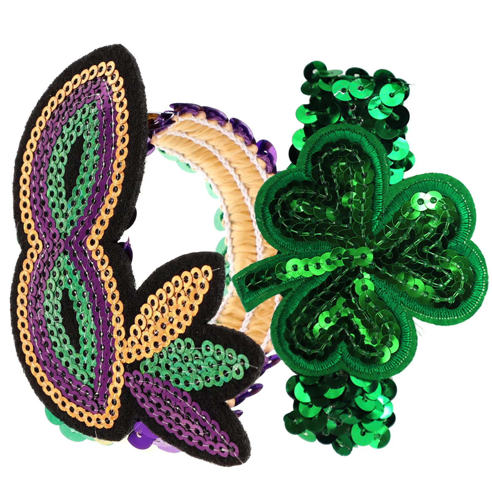 

2Pcs Irish Glitter Bracelet Set Shamrock Eyemask Design Stretchy Sequin Wristband for St Patrick's Day Party Favor Photo Prop