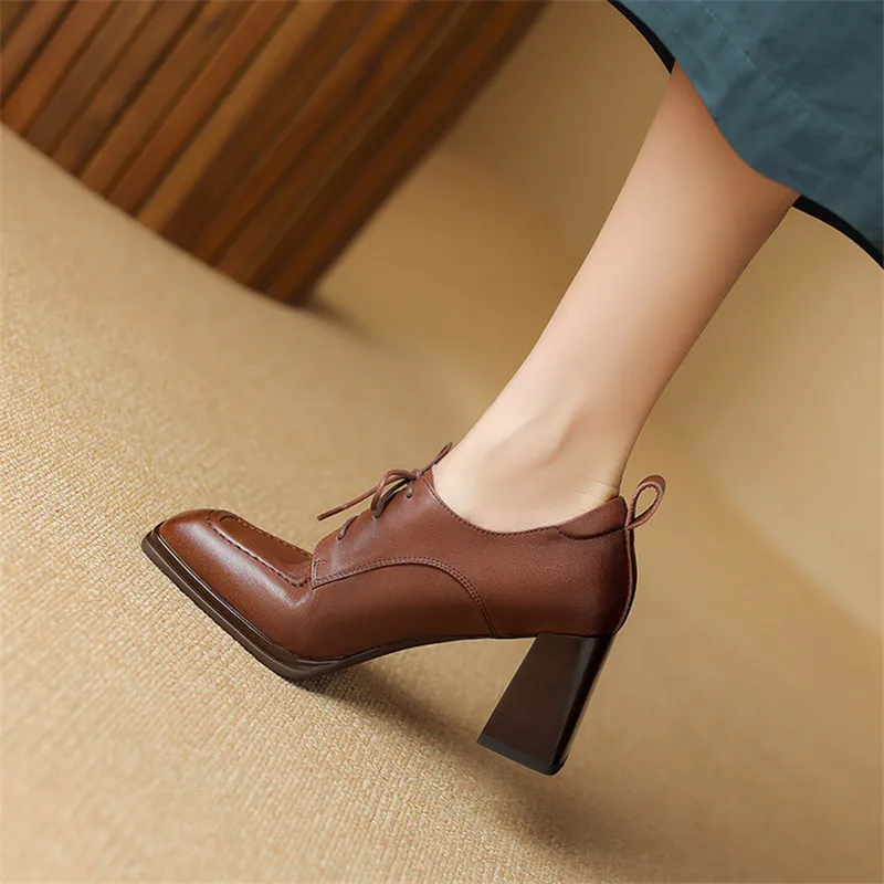 New Spring Genuine Leather Women Shoes French Retro Square Toe Lace Women Pumps High Heels Loafers Shoes for Women Ladies Shoes