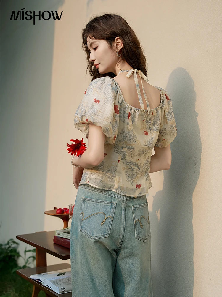 MISHOW Chic French Short Sleeve Blouses 2024 Summer Bubble Sleeve Elastic Square Collar Shirts Embroidered Flower Top MXD22X1395