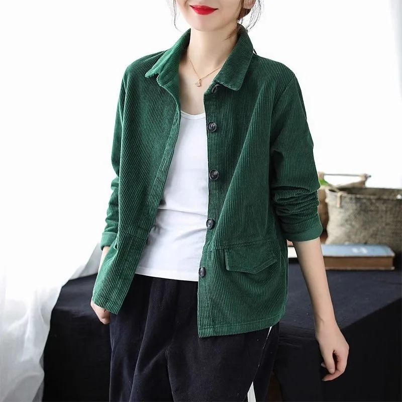 2026 New Corduroy Casual Short Jacket Simple Commuter OL Style Lapel Solid Color Versatile Retro Top