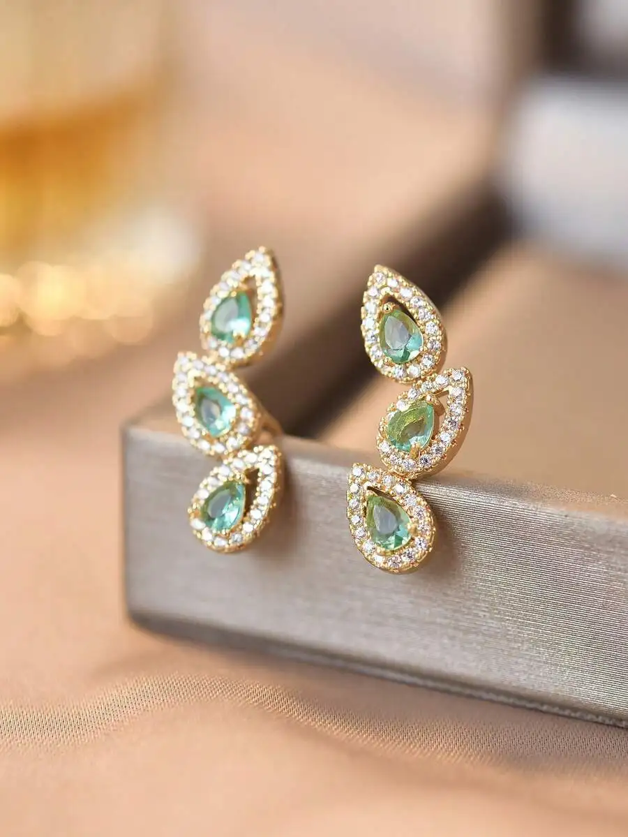 Cubic Zirconia Leaf Design Drop Earrings For Women