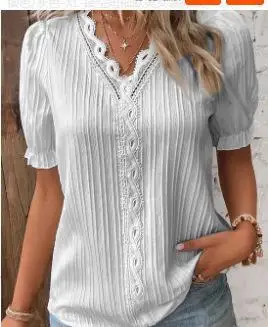 Elegant Women Blouse Shirt V Neck Lace Patchwork Short Sleeve Shirts For Women Summer Lady Tops image 3