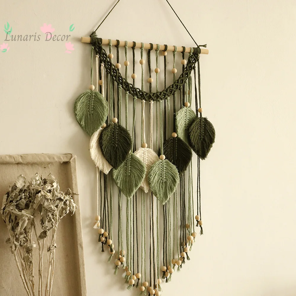 Bohemian handmade cotton thread woven wood beads leaf tapestry simple home bedroom bed and breakfast wall