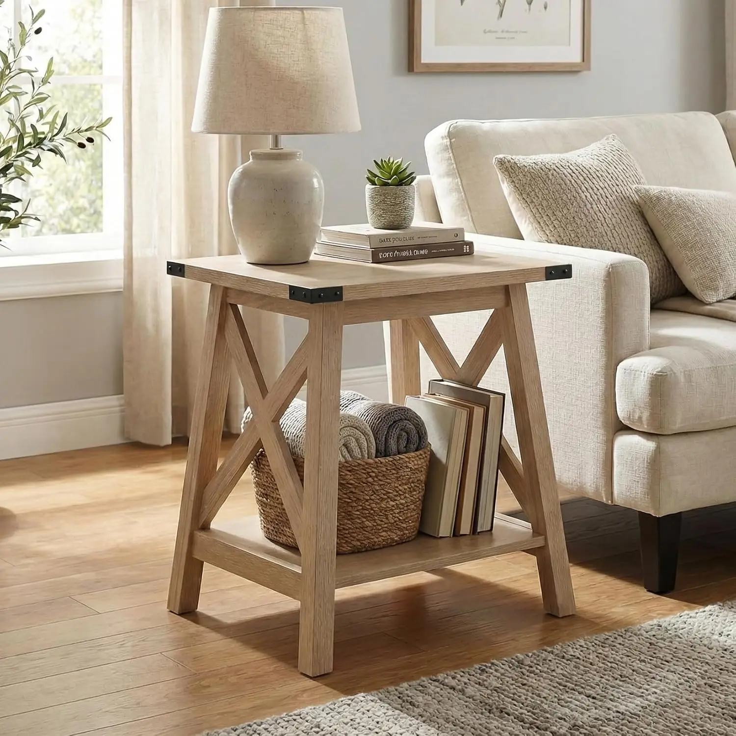 

Приставной столик для гостиной, деревянная прикроватная тумбочка в стиле фермерского дома для спальни с 2-уровневым хранением, белый дуб, на заказ