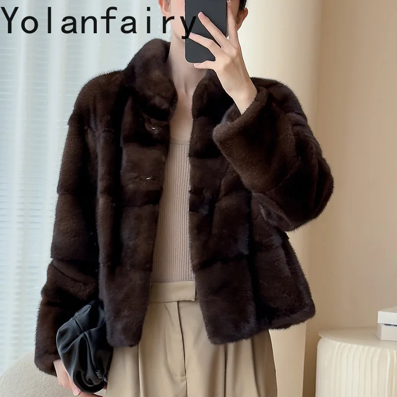 YOLANFAIRY Prawdziwe futra dla kobiet Zimowe luksusowe płaszcze z naturalnego futra norek 2025 Krótka kurtka z futra ze stójką Szara kurtka futrzana Abrigo Mujer
