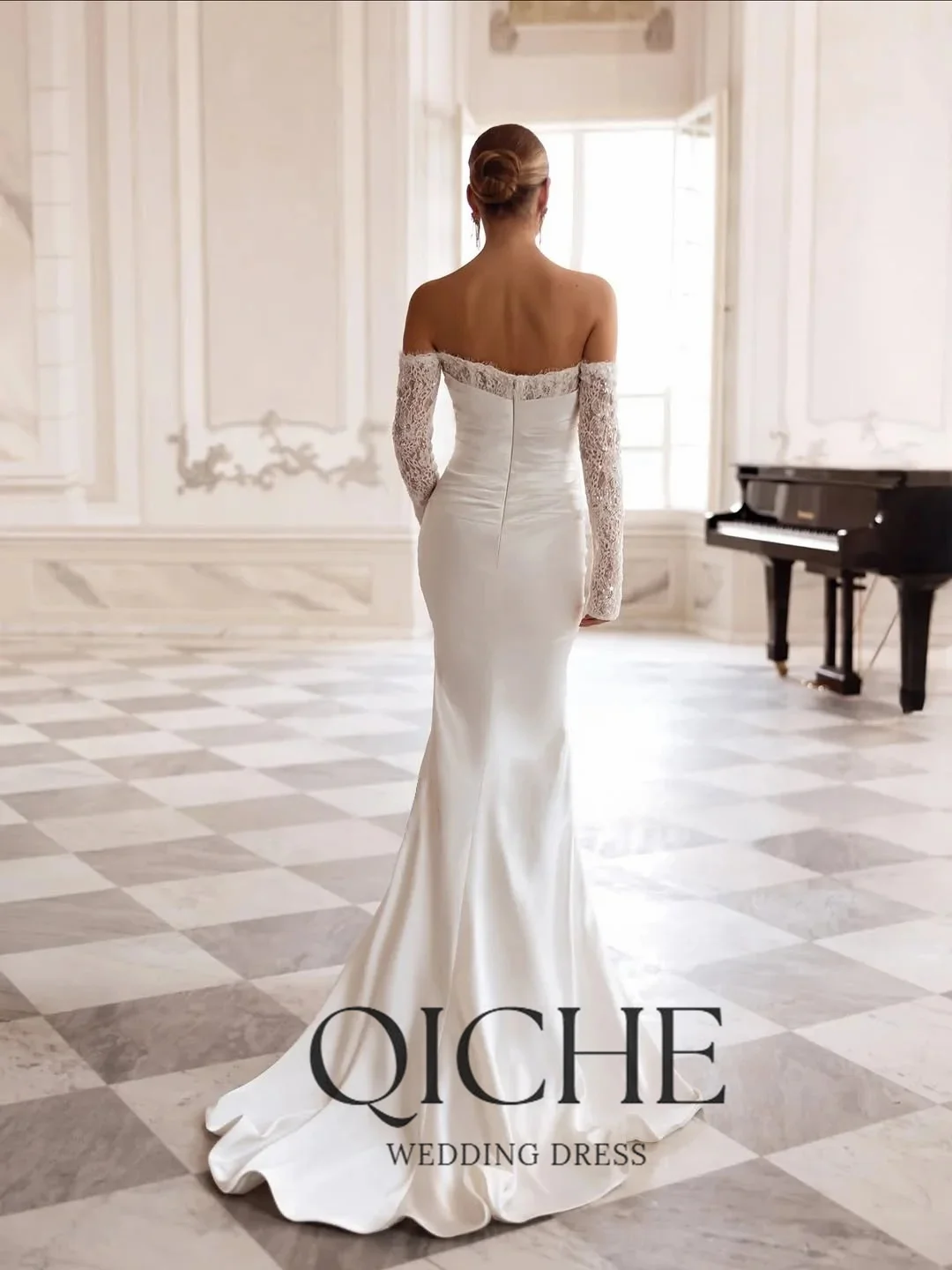 QICHE Elegant Lace Sequin Pleated Mermaid Long Dress Wedding Gowns Plain Long Train Buttons Beach Bridal Dress Customized 2026