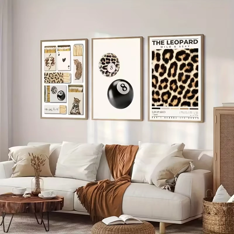 

3pcs Fashionable 8-ball Leopard Print Wall Art Retro and Fashionable Canvas Printing Living Room Bedroom, Modern Home Decoration