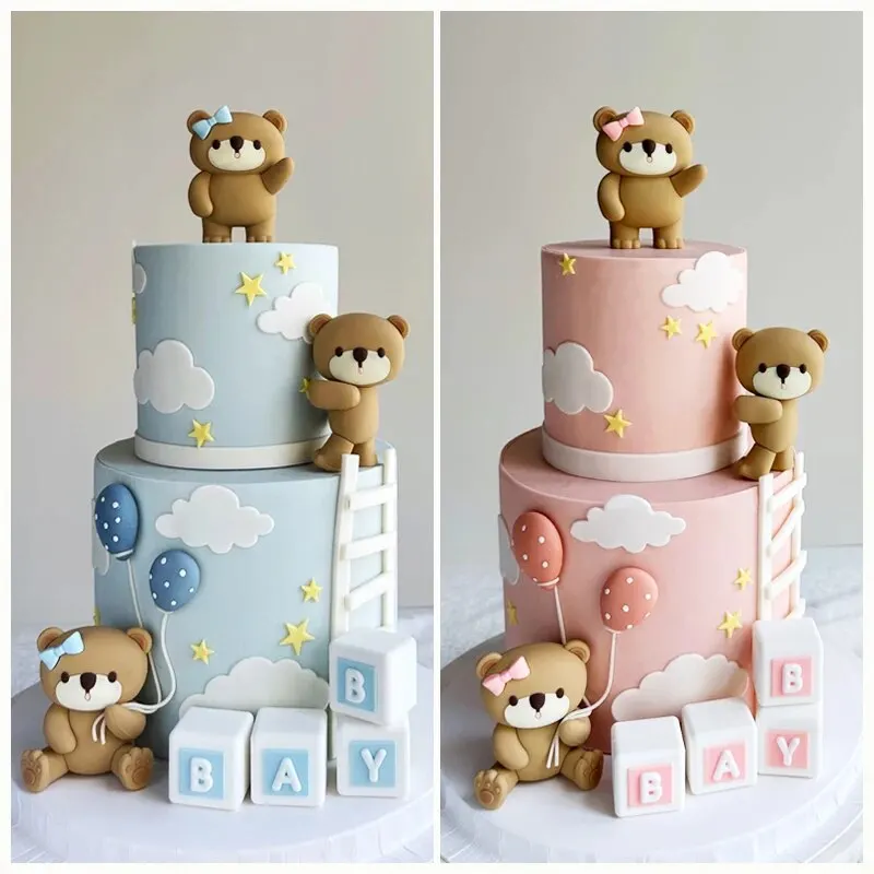 Cartoon Cake Topper Pink Blue Bear Baby Doll Boy Girl Happy 1st Birthday Cake Decoration Gender Reveal Baby Shower Car Ornaments